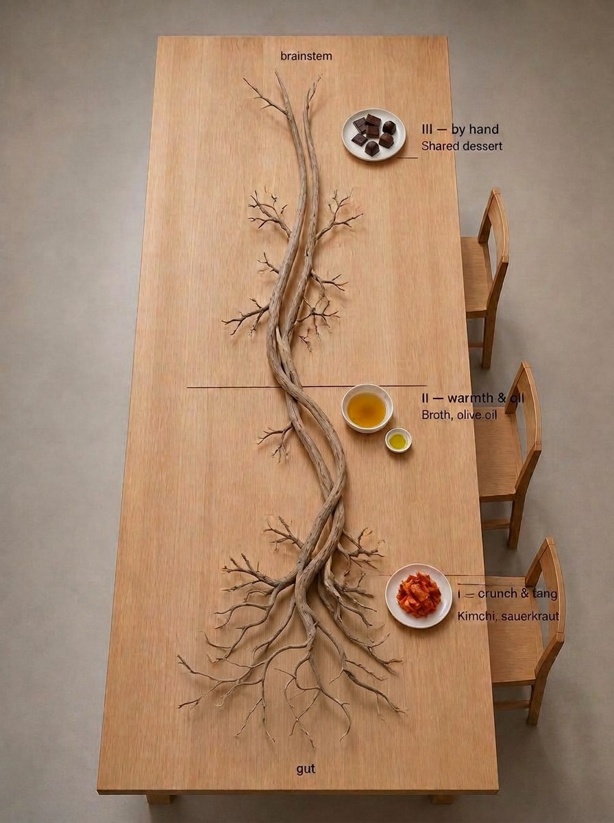 Overhead view of the Vagal Foods communal table, decorated with the branching form of the vagus nerve and three food stations.