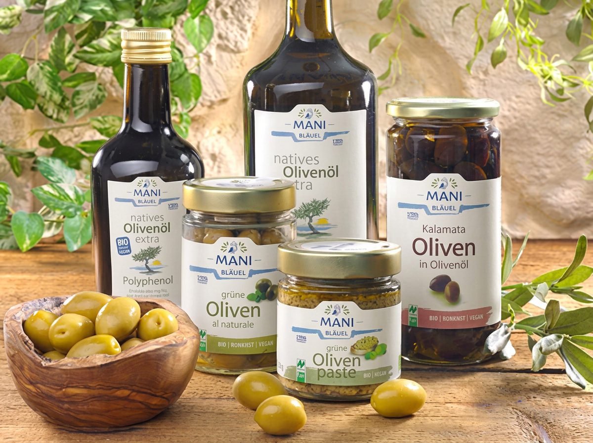 Bottles and jars of MANI Bläuel organic olive oil and olives arranged on a wooden surface.